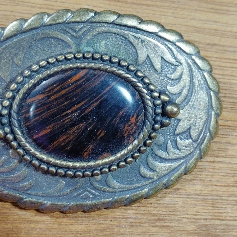 Vintage Belt Buckle Tiger Eye Scrollwork Metal Western